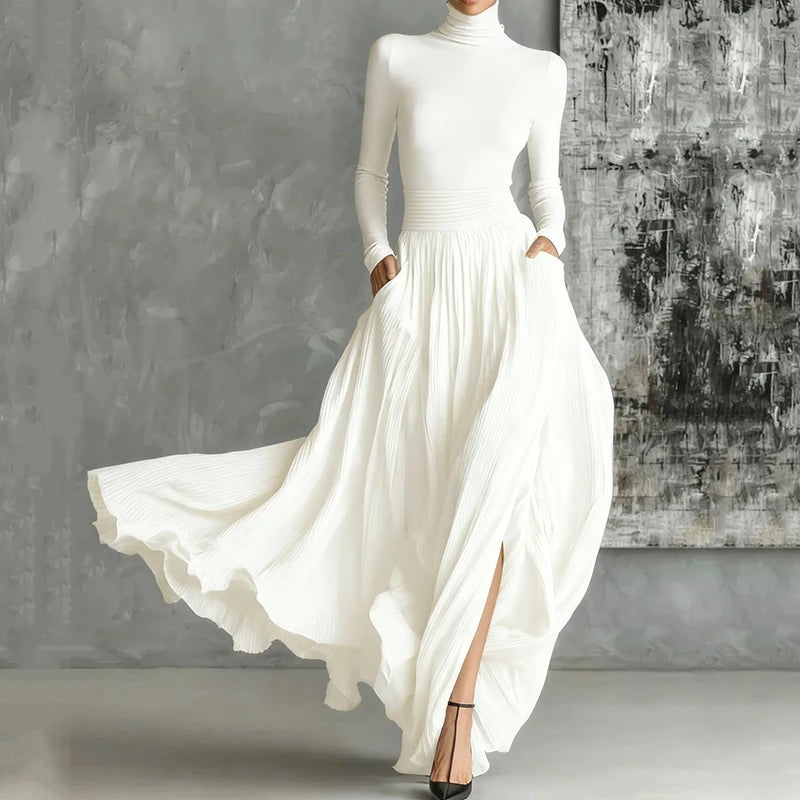 France Elegant Two Piece Skirt Set for Women's Pockets Solid Minimalist Split Hem Pleated A Line Vintage Turtleneck Slim Suits WHITE Sb26cda69d831403c87a1e4a702199e18N Swag N Slay LTD