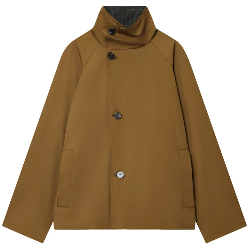 HXAO Women's Jacket Autumn Crop Reversible Trench Coat New In Coat & Jacket Asymmetric Button High Neck Long Sleeve Windbreaker camel Sb5595883f1dc4373b2ed2012816d78feR Swag N Slay LTD