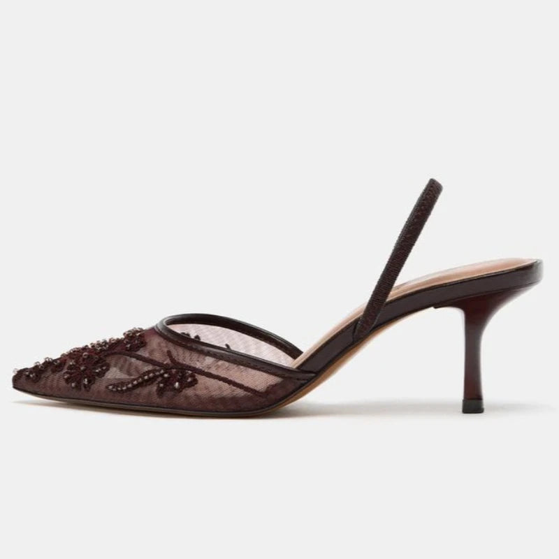 Sexy Pointed Toe Mesh Embroider High Heels for ladies Elegant String Bead pumps Summer Luxury Designer Shoe Brown Heeled Sandals Sb6a1922488d3497584d366e6269417f2F Swag N Slay LTD