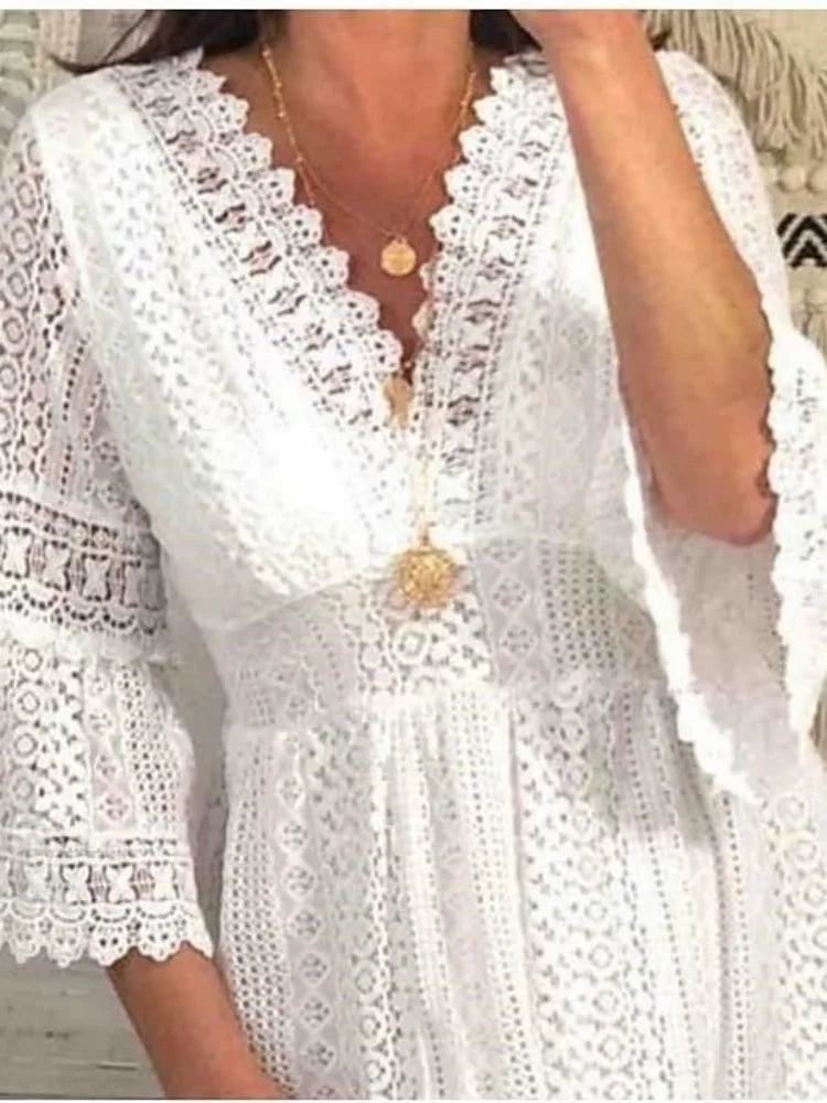 High Waist White Women Dresses Elegant Flare Sleeve Vestidos Summer Casual V-neck Hollow Out Lace Dress Sb7168ae189f1468d991cf0889e50148cx Swag N Slay LTD