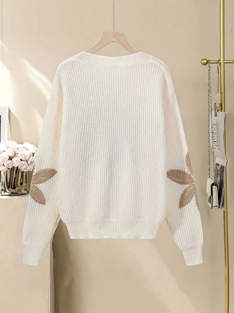 Women's autumn and winter round-neck knitted top with contrasting colour floral embroidery Sb75032de567d480b8f5349d5e8ae94adq Swag N Slay LTD