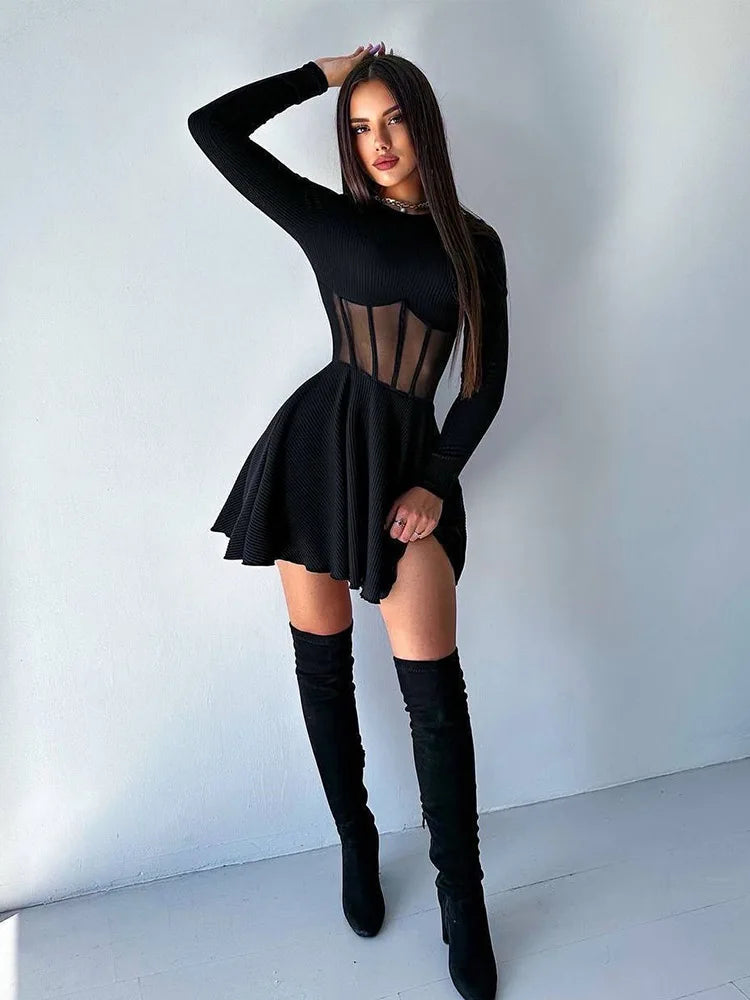 CNYISHE Women Dresses Mesh Patchwork Sheer Long Sleeve Sexy Club Fashion O Neck A-line Sheath Bodycon Female Vestidos Robes Sbcc806743e514c288055077407c18bc1h Swag N Slay LTD