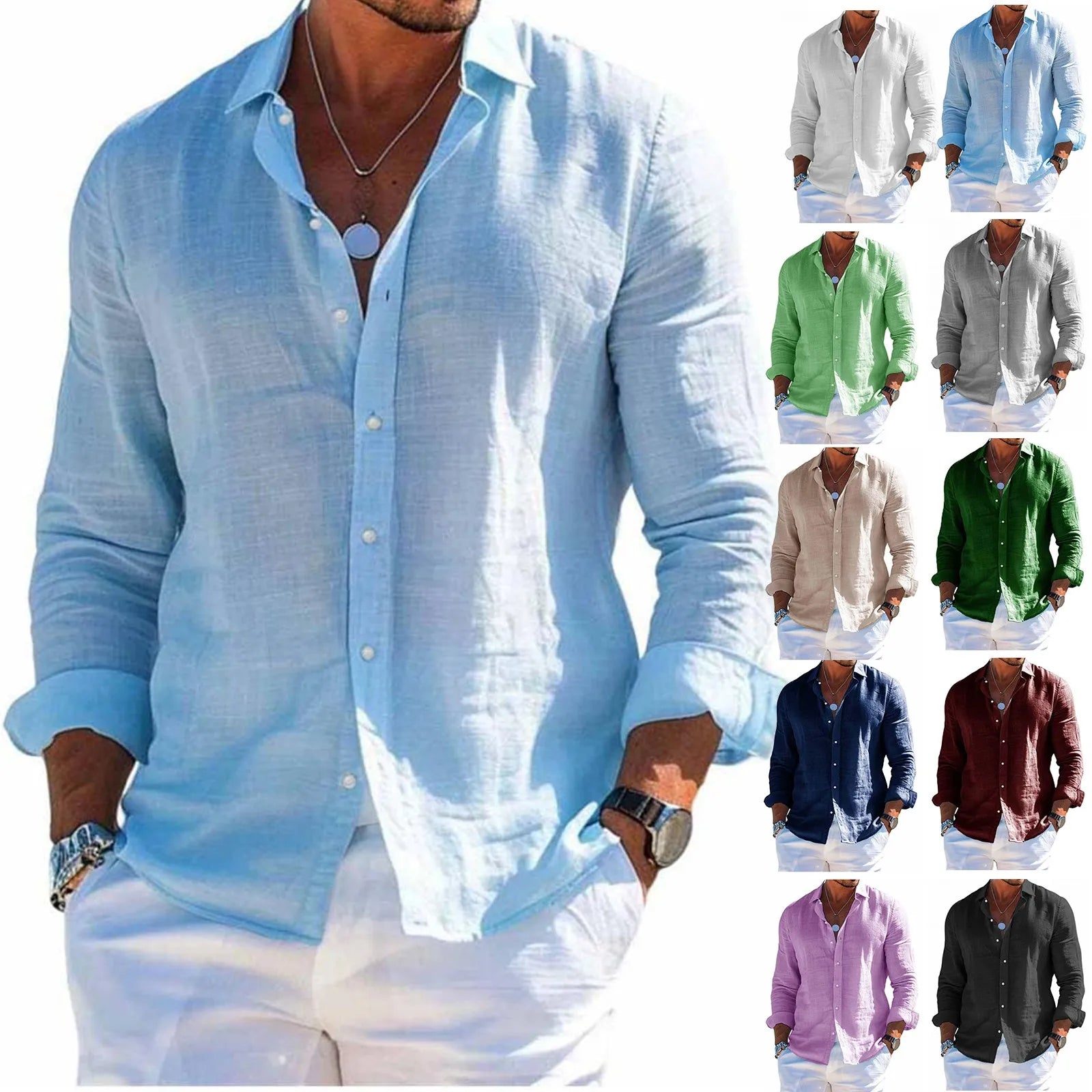 Men's tops long sleeve new style shirt cotton linen cool solid color loose lapel casual beach style cardigan spring and summer Sbd228d17101b44a2a77bef86ebf5ad42V Swag N Slay LTD