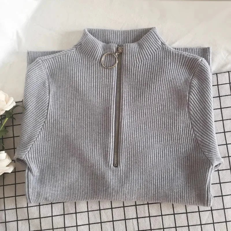 Women Sweater Autumn Winter Turtleneck Long Sleeve Zipper Neckline Knitted Pullover Female Sweater Slim Basic Knitted Jumpers One Size grey Sbdf9e7bf693949bab2639da98dda1b0dV Swag N Slay LTD