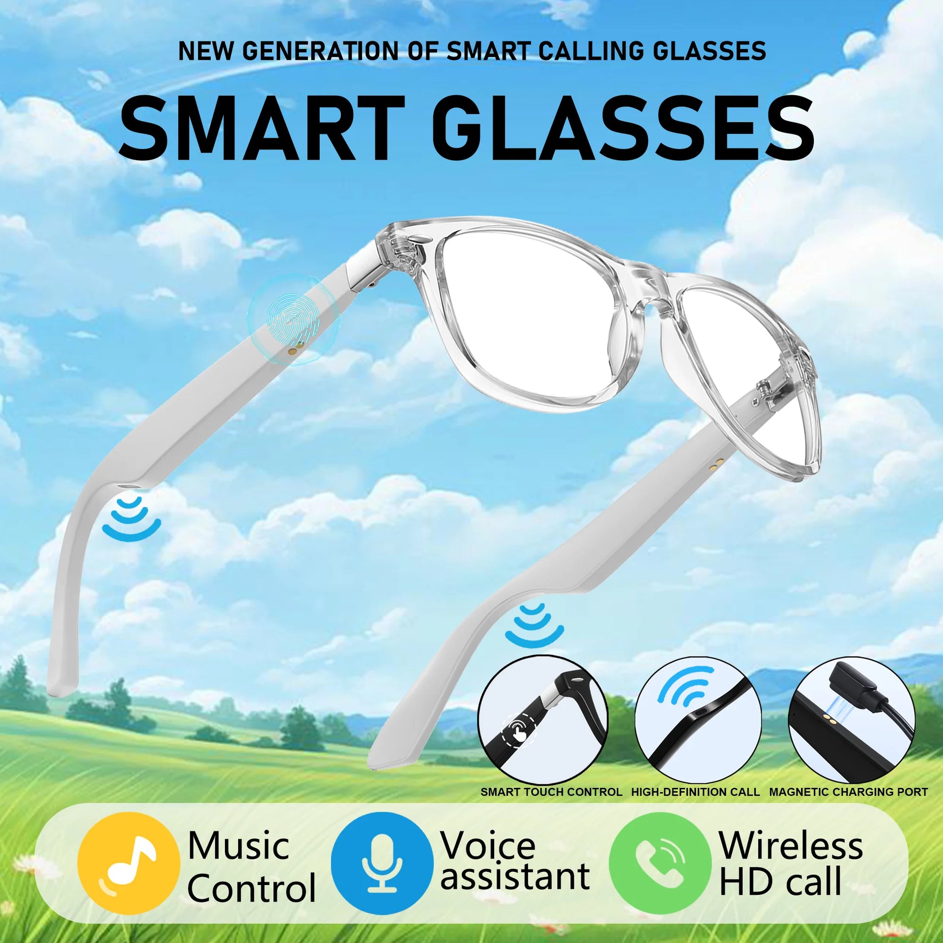 2025 new AI Bluetooth audio Smart Glasses Smart Touch Voice Assistant 100+ language translation music playback Men and women White Sbebe9d1e50294995a07ea2d0c4610c7aT Swag N Slay LTD