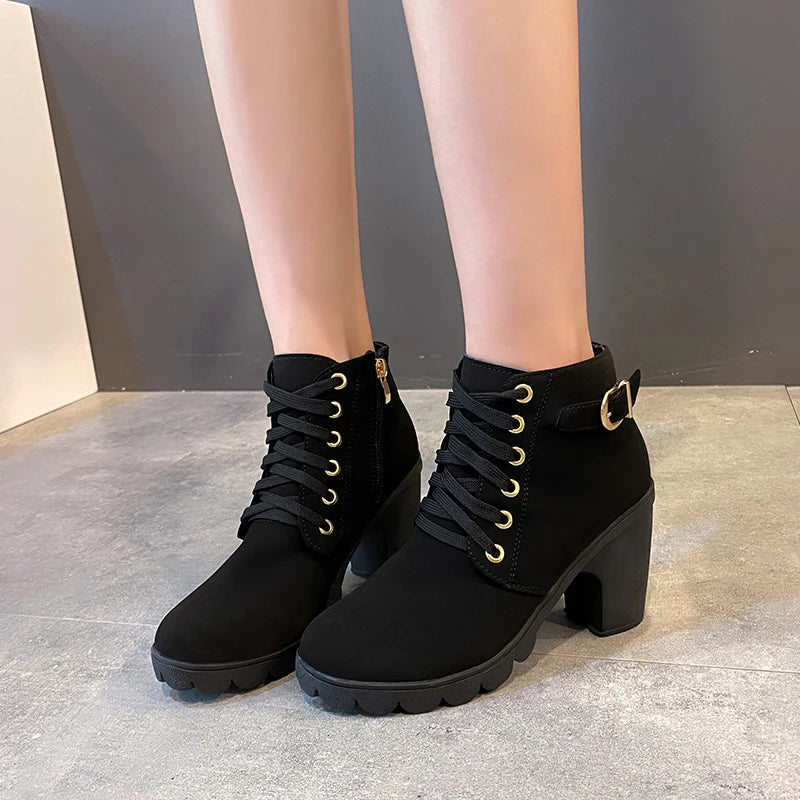 Women's Winter Warm Ankle Boots: Thick Sole & High Heel - Black PU Leather, Side Zipper with Lace-Up Detail, Plain Toe | Chic Ev Sc0fedb432d4149ccb0242f55f9502f6dT Swag N Slay LTD