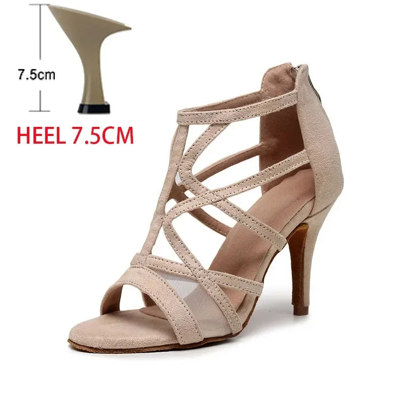 Adult Latin Dance Shoes for Woman Soft Sole Heel Sandal Female Cha Cha Tango Professonal Ballroom Training Stage Boots OEM Heel Skin heel 7.5cm Sc16569b41758453a9c672beb0550ea703 Swag N Slay LTD