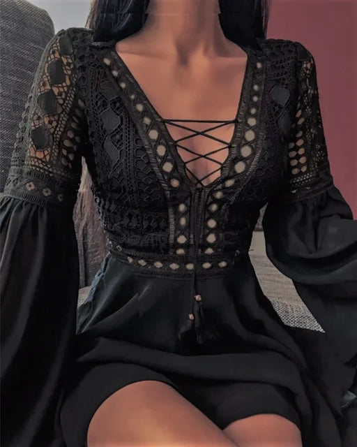 Women's A Line Dress Short Mini Dress White Black Red Long Sleeve Solid Color Ruffle Patchwork Chiffon Spring Summer Slim V Neck Black Sc1e3680d3f2f485ea7c90abd06390056A Swag N Slay LTD