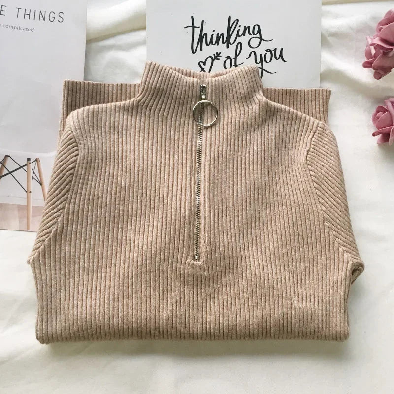 Women Sweater Autumn Winter Turtleneck Long Sleeve Zipper Neckline Knitted Pullover Female Sweater Slim Basic Knitted Jumpers One Size Khaki Sc2a55e1bf9f44cb5b0411186c855e4f5c Swag N Slay LTD