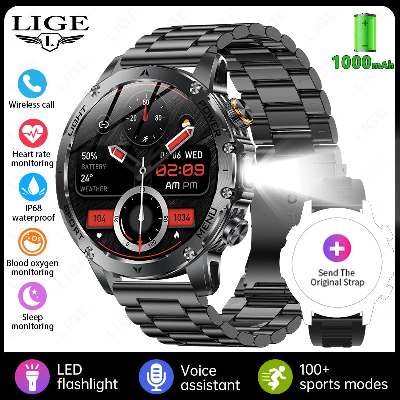 LIGE New Outdoor 1000mAh Smart Watch Men AMOLED Screen LED Flashlight Heart rate Waterproof Bluetooth Call Sports Men SmartWatch steel black Sc376526009c7432b8db12ac3cfd2ccdcB Swag N Slay LTD