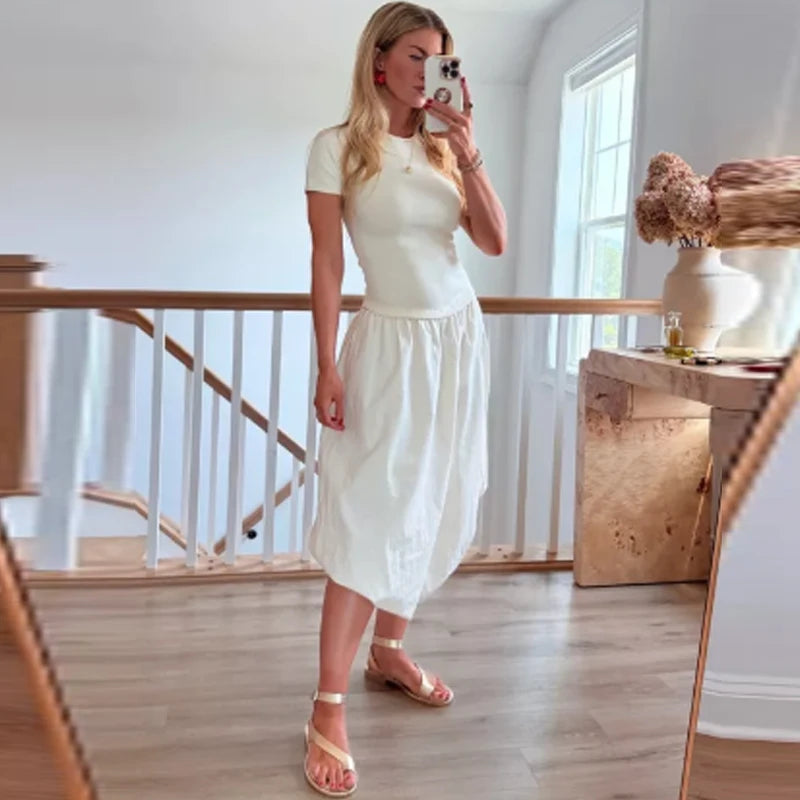 HXAO Womens Dresses Off White Balloon Dress Summer 2025 Ruffled Short Sleeve Long Dresses Knit Patchwork Elegant Gowns Vestidos Sc3b5c613b58e4d5fbfb47f1734b0199be Swag N Slay LTD