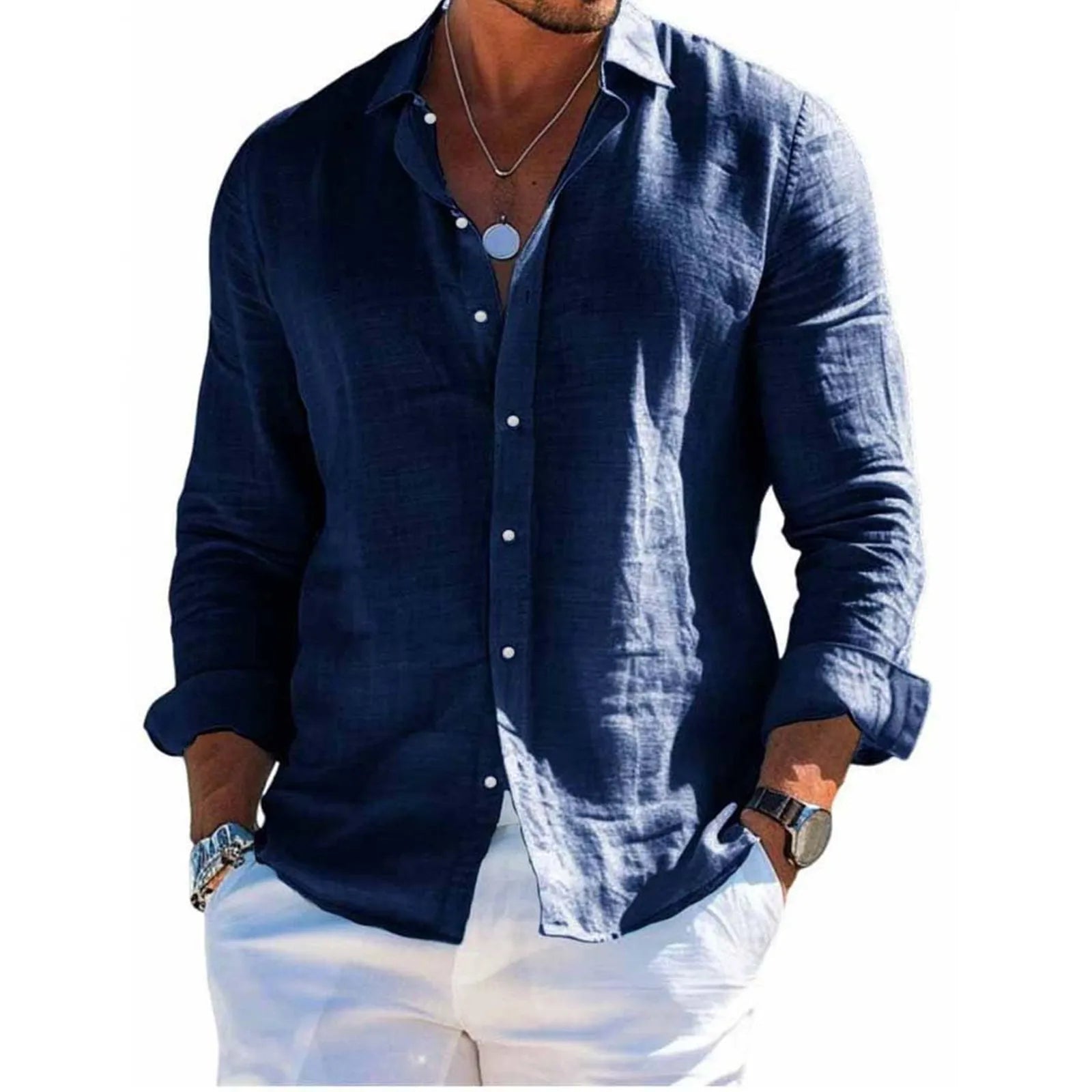 Men's tops long sleeve new style shirt cotton linen cool solid color loose lapel casual beach style cardigan spring and summer C Sc5a521ddf44e48599591d9fa71c19535F Swag N Slay LTD