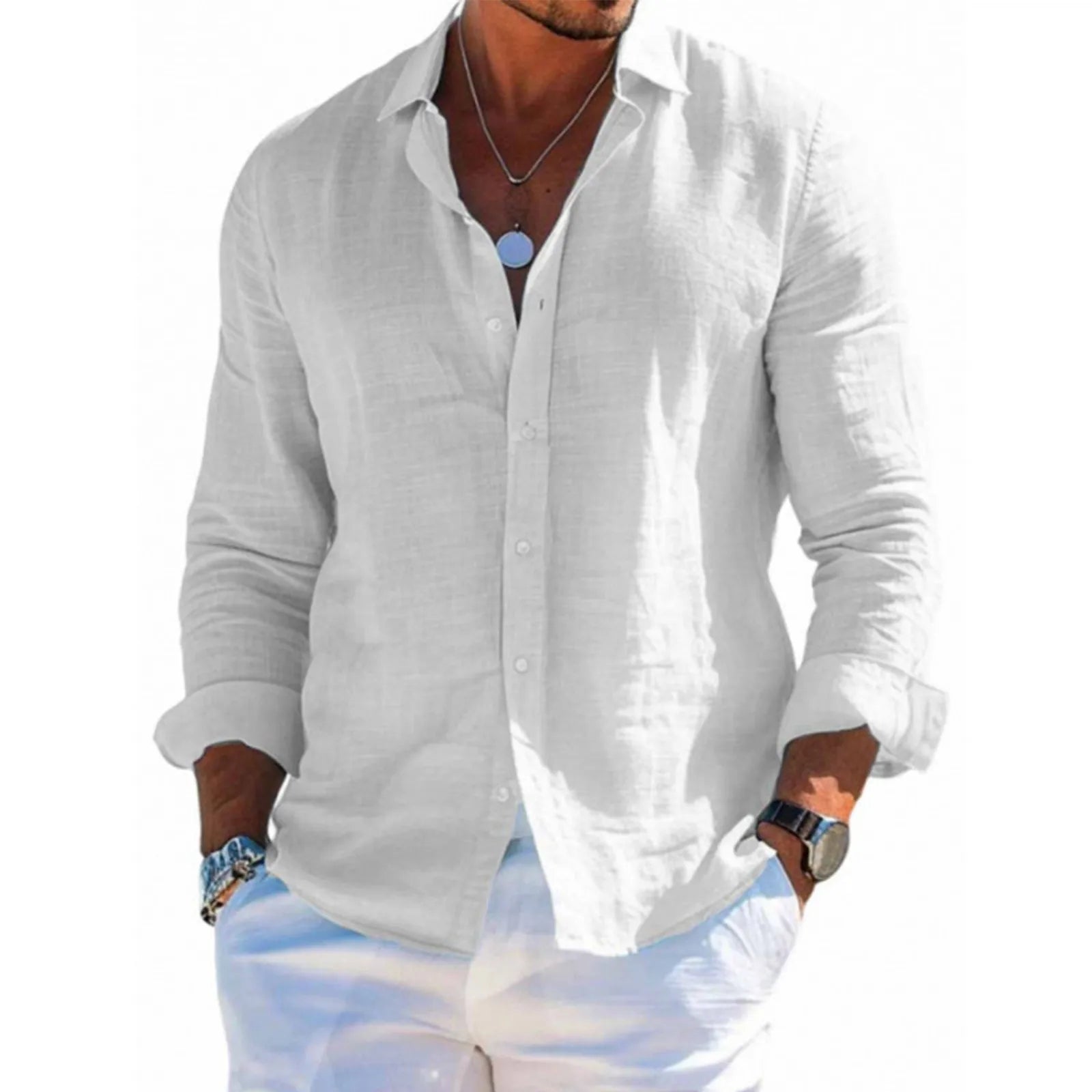 Men's tops long sleeve new style shirt cotton linen cool solid color loose lapel casual beach style cardigan spring and summer J Sc6cb2b821a1d4aaab9b0e72aca5d80f4M Swag N Slay LTD