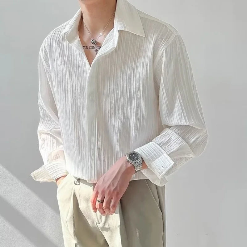 Black Apricot White Long-sleeved Shirt Men Fashion Social Mens Dress Shirt Korean Loose Casual Pleated Shirts Mens Formal Shirt white Sca985de011214ab187327fc1fde7e025h Swag N Slay LTD