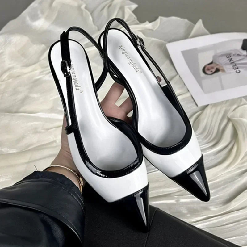 Designer Black White Mixed Color Low Heeled Sandals Women Sexy Pointed Toe Slingbacks Chunky High Heels for Women Elegant Heels White Sd2e0d51d01f34edcb0ae4be1dda89ae3r Swag N Slay LTD