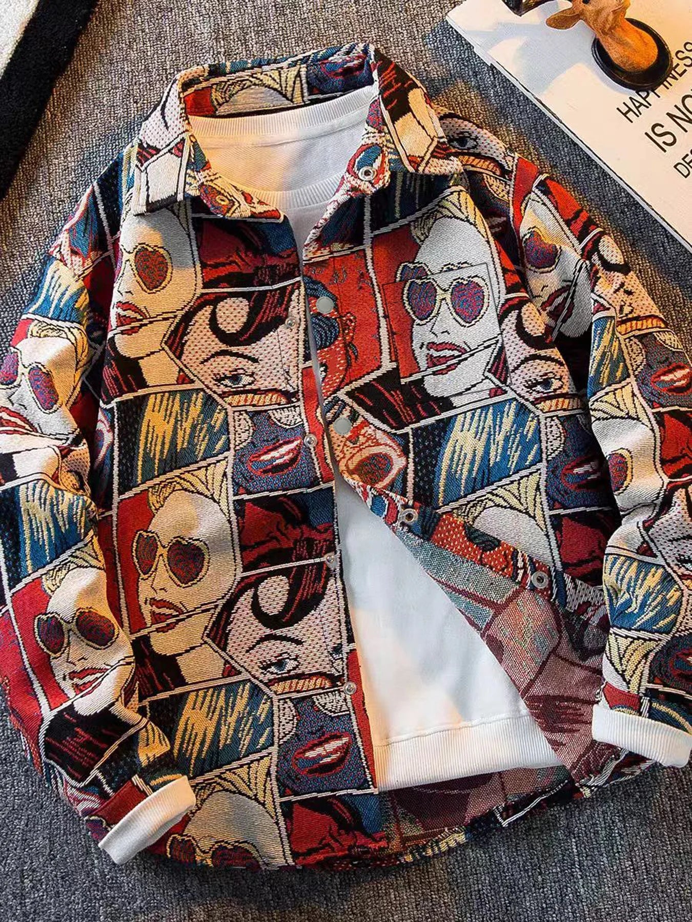Spring and autumn trendy rugged stylish workwear jacket for men, American design, retro fun cartoon comic print jacket Red Sd3690f2c97cf4418affa1218a4bd8cc4O Swag N Slay LTD