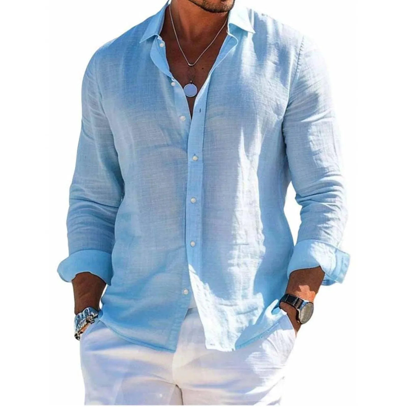 Men's tops long sleeve new style shirt cotton linen cool solid color loose lapel casual beach style cardigan spring and summer G Sd68ffa20af2243ae8fca17f1a79bc8b4a Swag N Slay LTD