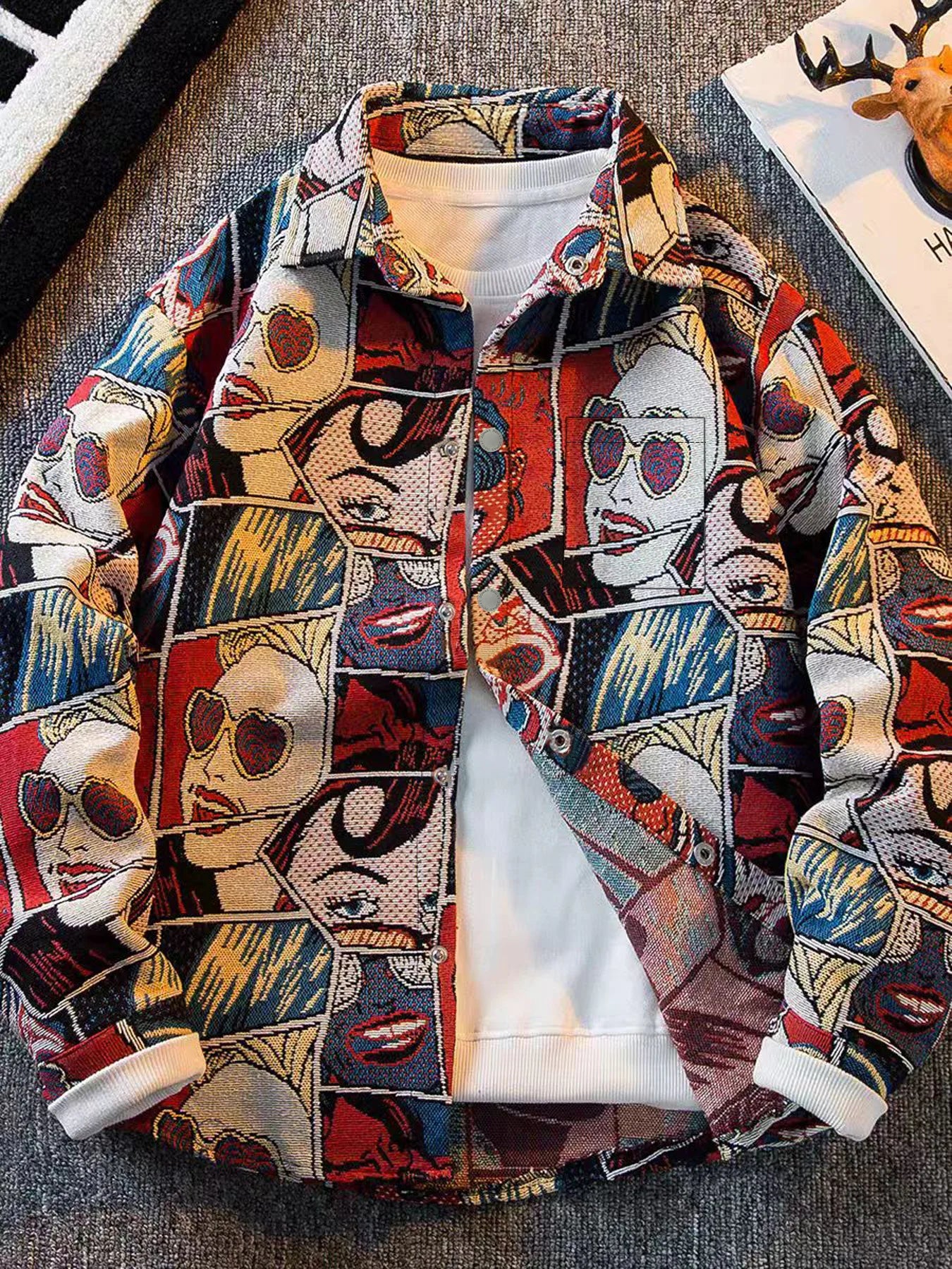 Spring and autumn trendy rugged stylish workwear jacket for men, American design, retro fun cartoon comic print jacket Sd8347bb824824f29ae72d5c9ff0e1e86B Swag N Slay LTD