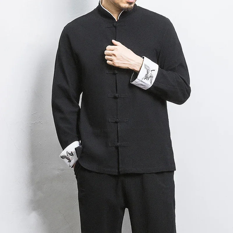 New Crane Embroidery Top Traditional Chinese Clothing for Men Vintage Half Sleeve Linen Shirts Solid Madarin Collar Hanfu Kungfu Long sleeved Black Sdcc695ac3bf64a3b89106a132e130d96i Swag N Slay LTD