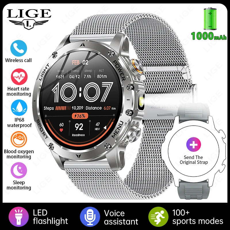 LIGE New Outdoor 1000mAh Smart Watch Men AMOLED Screen LED Flashlight Heart rate Waterproof Bluetooth Call Sports Men SmartWatch mesh belt silver Sdebab667166a4683a99211f9179bf143R Swag N Slay LTD