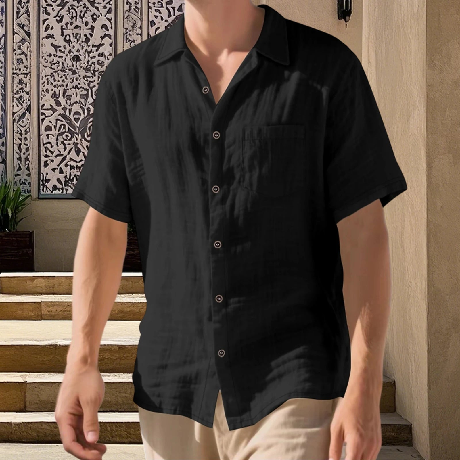 Men s Lightweight Linen Short Sleeve Button-Down Shirt Casual Solid Color Breathable Summer Tops Loose Fit Lapel Collar black S United States Sdfbf7be74c994645963517e37a60cf402 Swag N Slay LTD