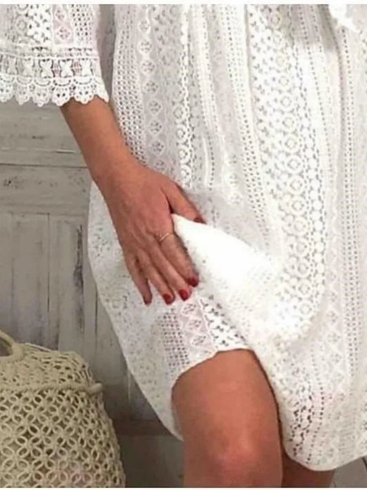 High Waist White Women Dresses Elegant Flare Sleeve Vestidos Summer Casual V-neck Hollow Out Lace Dress Se38f04a8509b4e6f9511b581df2e7fa0w Swag N Slay LTD