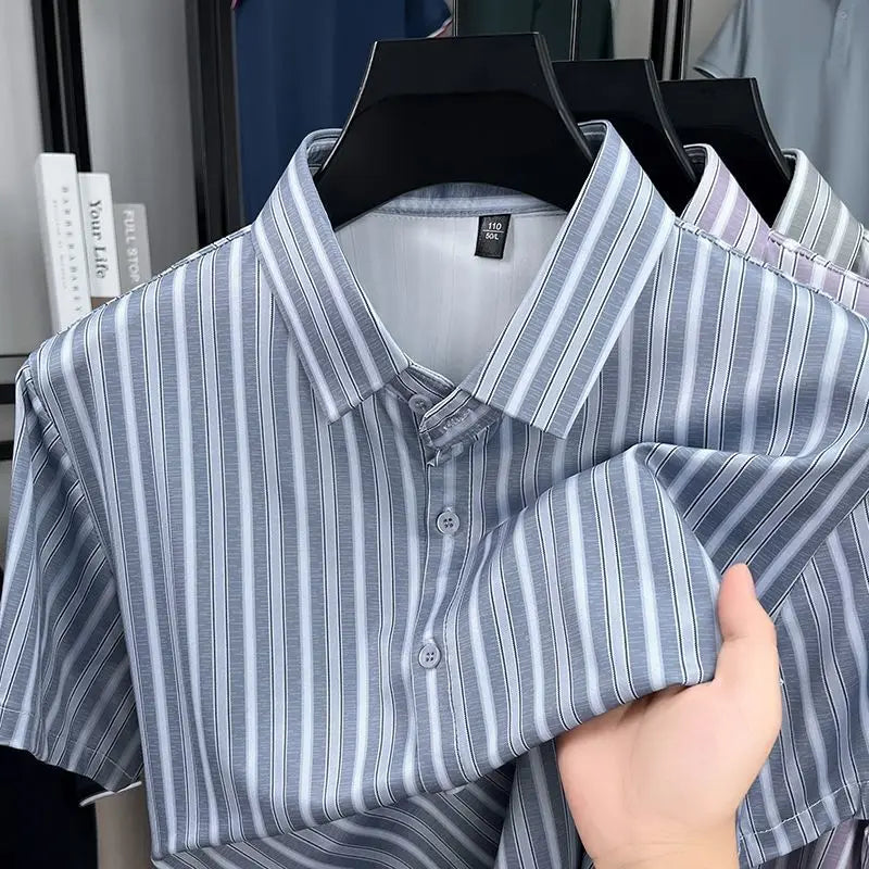 Summer Non Ironing Shirt Men's Striped Ice Silk Button Causal Business Tshirts Thin Quick Drying Flip Collar Short Sleeve Shirt Gray blue Se808b8eb4329474d8b8e75a3f6374458y Swag N Slay LTD