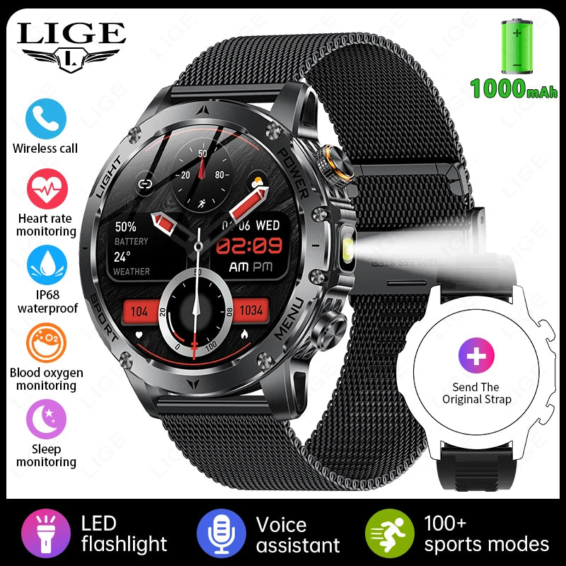 LIGE New Outdoor 1000mAh Smart Watch Men AMOLED Screen LED Flashlight Heart rate Waterproof Bluetooth Call Sports Men SmartWatch mesh belt black Se841274c8dd24e9fb238246a3e787bebo Swag N Slay LTD