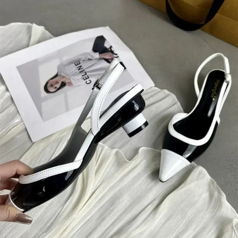 Designer Black White Mixed Color Low Heeled Sandals Women Sexy Pointed Toe Slingbacks Chunky High Heels for Women Elegant Heels Se86d4d67345b4ee0836f09dfb5839646H Swag N Slay LTD