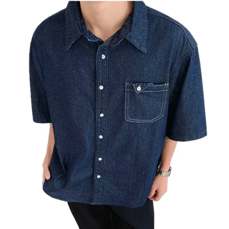 Dark Blue Denim Shirt Men and Women Japanese Vintage City Boy Oversized Loose Casual Summer Lapel Buttons Shirt Top Se907aaae10634210a7ea1692e7d68888Z Swag N Slay LTD