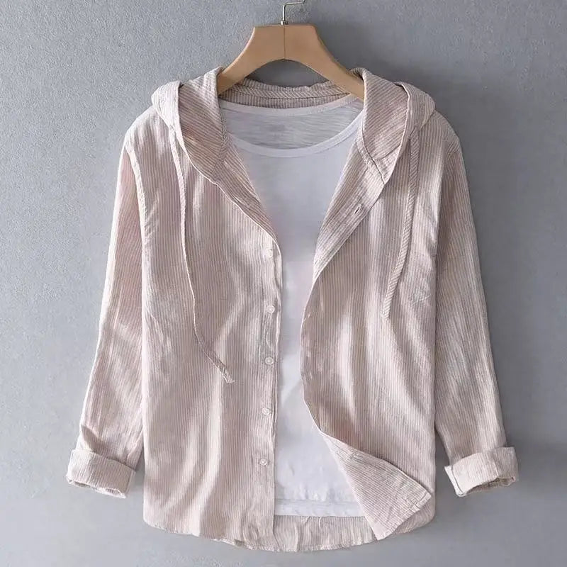 2025 Spring and Summer New Men's Hooded Linen Shirt Solid Color Thin Style Loose Fashion Casual Sports Cotton Linen Shirt Apricot Sea53851da4694367aa80756a318c65908 Swag N Slay LTD