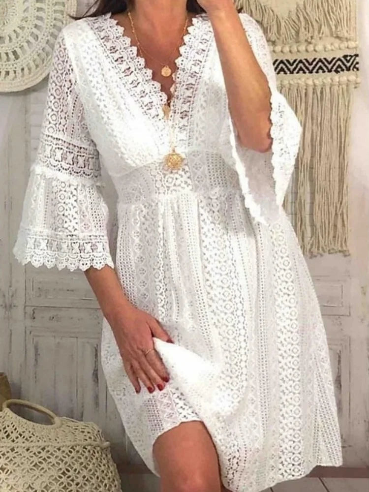 High Waist White Women Dresses Elegant Flare Sleeve Vestidos Summer Casual V-neck Hollow Out Lace Dress WHITE Seda38be7ea4a42819a6860f0e41c613e5 Swag N Slay LTD