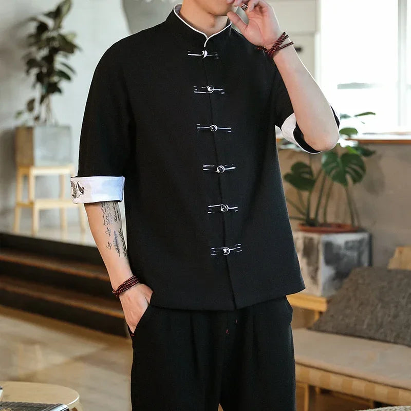 New Crane Embroidery Top Traditional Chinese Clothing for Men Vintage Half Sleeve Linen Shirts Solid Madarin Collar Hanfu Kungfu Short sleeve Black Sefe311c20f5b4e57a99ab44338498f846 Swag N Slay LTD