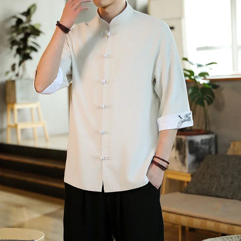 New Crane Embroidery Top Traditional Chinese Clothing for Men Vintage Half Sleeve Linen Shirts Solid Madarin Collar Hanfu Kungfu Short sleeve Beige Sf15bbf05c0654f02bb8e4be01144ea857 Swag N Slay LTD