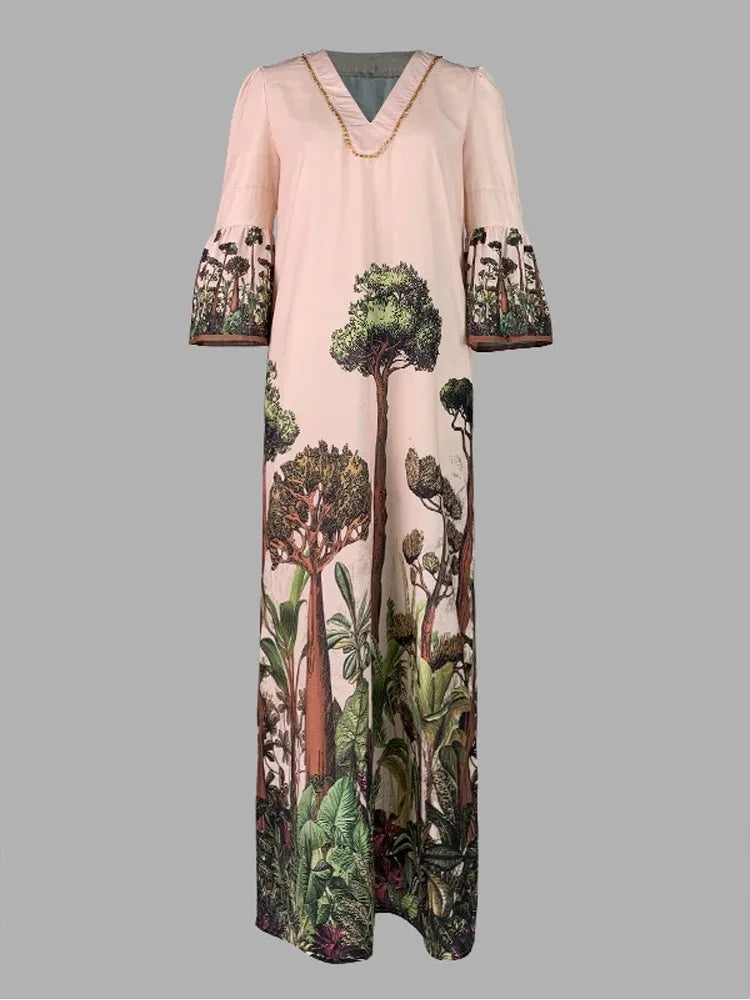 Women's Light Pink Tropical Print V Neck Bell Sleeve Slit Maxi Dress 2026 Spring and Summer Casual Boho Vacation Dresses PINK Sf3ce9f202c474405bed23a5529b845f4p Swag N Slay LTD