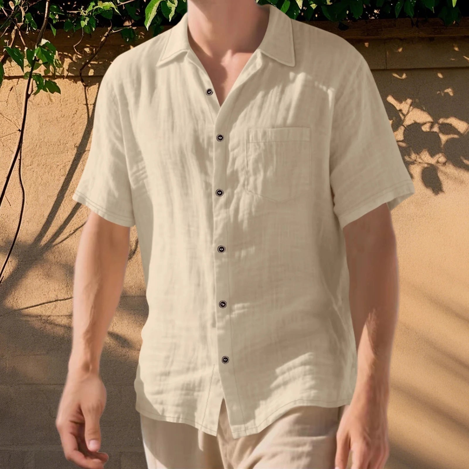 Men s Lightweight Linen Short Sleeve Button-Down Shirt Casual Solid Color Breathable Summer Tops Loose Fit Lapel Collar Khaki XL United States Sf44585b8baf74ec8a75870b5c5e65a8au Swag N Slay LTD