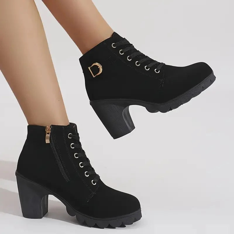 Women's Winter Warm Ankle Boots: Thick Sole & High Heel - Black PU Leather, Side Zipper with Lace-Up Detail, Plain Toe | Chic Ev Sf7dcfdd564ca45778d225e77647e6334S Swag N Slay LTD